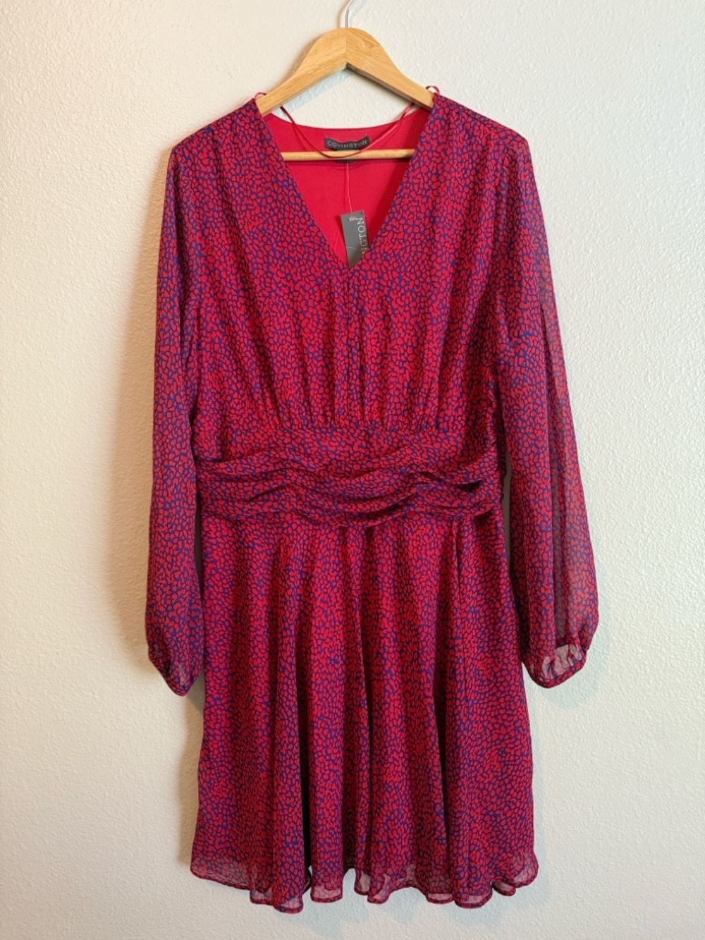 Wedding Guest Cocktail Dress 16 Red Blue Abstract Bishop Sleeve Covington NWT